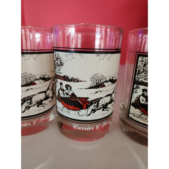 Currier and Ives Christmas Glasses Sleigh Ride Drink Glass Cups Vintage Set Of 4 - Picture 4 of 8